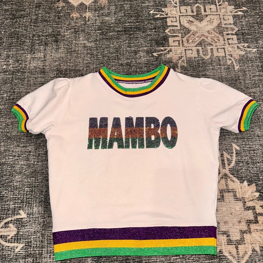Kids White Tee with 💚💜💛 trim size 6-7